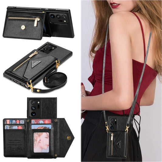 Zipper Wallet Case Card Holder Strap Cross body Leather