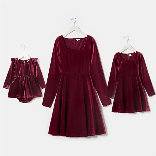 Wine Red Velvet Mermaid Mother Daughter Dress