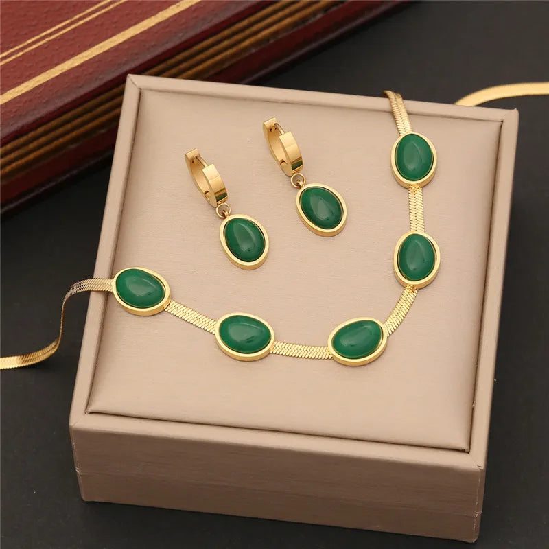 Simple Flat Snake Chain Emerald Stone  Jewelry