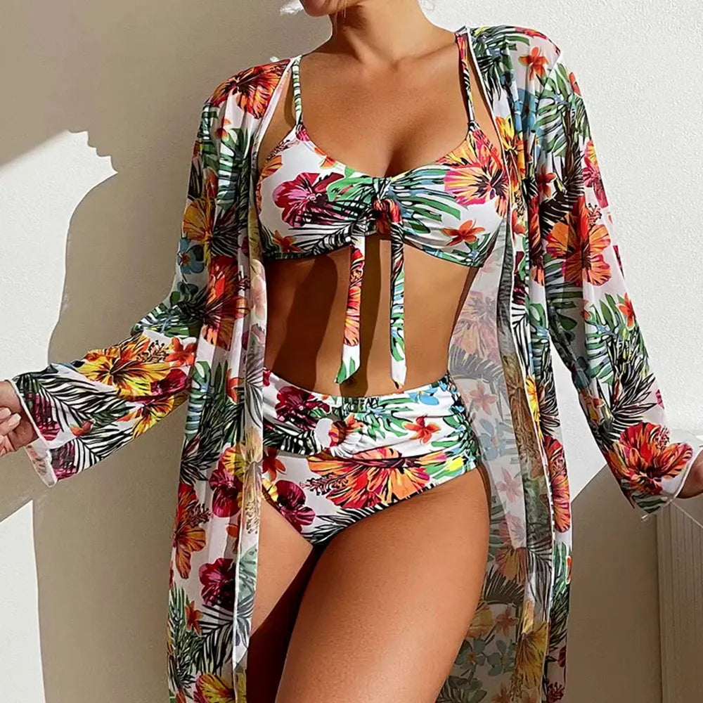 Sexy High Waisted Bikini 3 Pieces Floral Printed Swimsuit